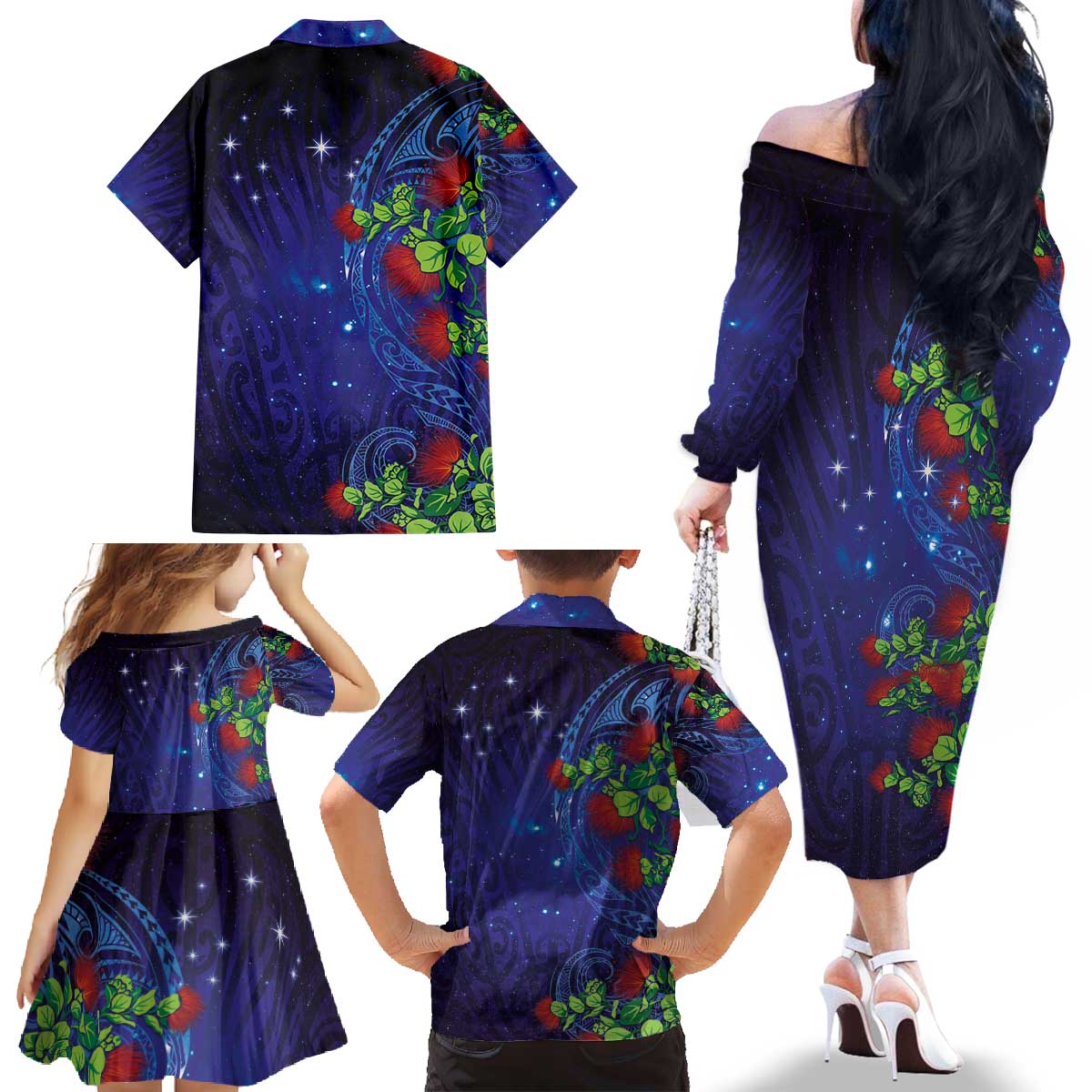 Matariki New Zealand Maori and Pohutukawa Family Matching Off The Shoulder Long Sleeve Dress and Hawaiian Shirt Galaxy Blue Sky Style LT03 - Polynesian Pride