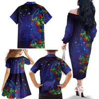 Matariki New Zealand Maori and Pohutukawa Family Matching Off The Shoulder Long Sleeve Dress and Hawaiian Shirt Galaxy Blue Sky Style LT03 - Polynesian Pride