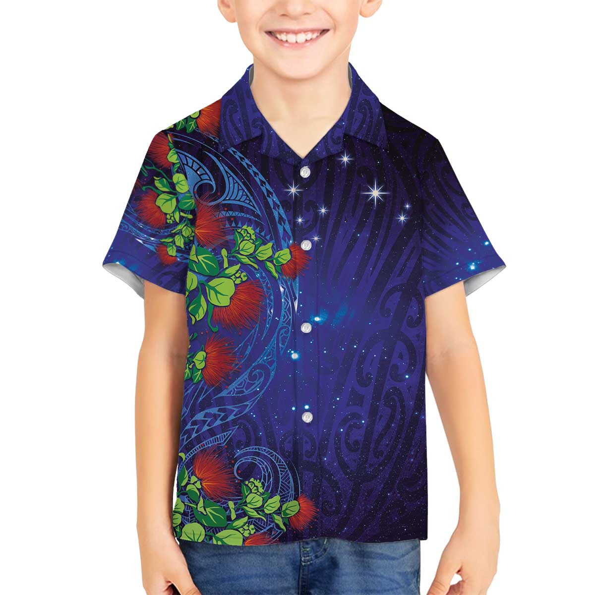 Matariki New Zealand Maori and Pohutukawa Family Matching Off The Shoulder Long Sleeve Dress and Hawaiian Shirt Galaxy Blue Sky Style LT03 Son's Shirt Blue - Polynesian Pride