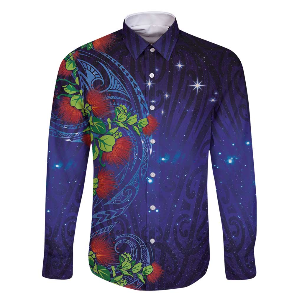 Matariki New Zealand Maori and Pohutukawa Family Matching Off Shoulder Maxi Dress and Hawaiian Shirt Galaxy Blue Sky Style LT03 Dad's Shirt - Long Sleeve Blue - Polynesian Pride