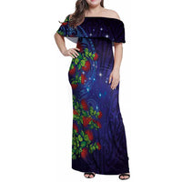 Matariki New Zealand Maori and Pohutukawa Family Matching Off Shoulder Maxi Dress and Hawaiian Shirt Galaxy Blue Sky Style LT03 Mom's Dress Blue - Polynesian Pride