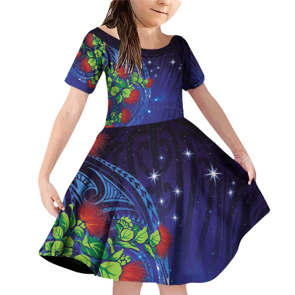 Matariki New Zealand Maori and Pohutukawa Family Matching Off Shoulder Short Dress and Hawaiian Shirt Galaxy Blue Sky Style LT03 Daughter's Dress Blue - Polynesian Pride