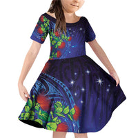 Matariki New Zealand Maori and Pohutukawa Family Matching Off Shoulder Short Dress and Hawaiian Shirt Galaxy Blue Sky Style LT03 Daughter's Dress Blue - Polynesian Pride