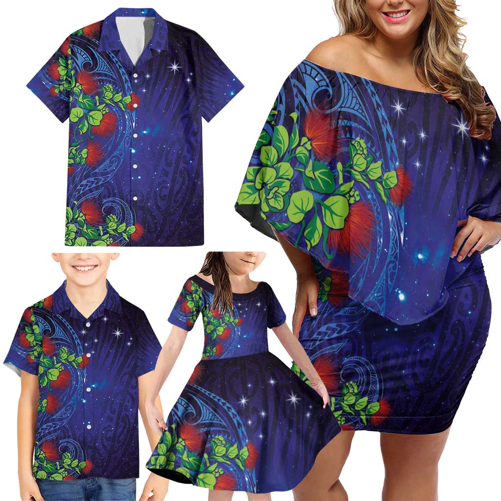 Matariki New Zealand Maori and Pohutukawa Family Matching Off Shoulder Short Dress and Hawaiian Shirt Galaxy Blue Sky Style LT03 - Polynesian Pride