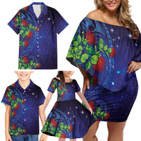 Matariki New Zealand Maori and Pohutukawa Family Matching Off Shoulder Short Dress and Hawaiian Shirt Galaxy Blue Sky Style LT03 - Polynesian Pride
