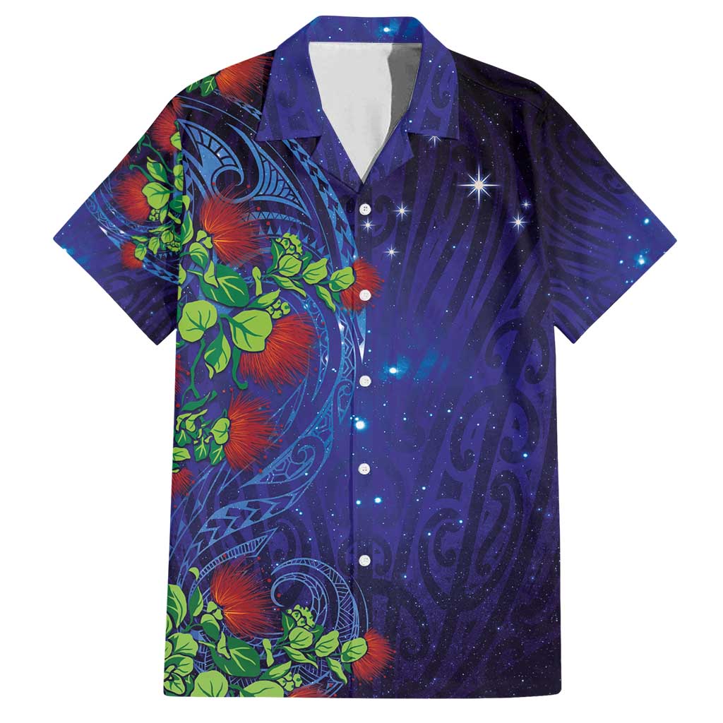 Matariki New Zealand Maori and Pohutukawa Family Matching Off Shoulder Short Dress and Hawaiian Shirt Galaxy Blue Sky Style LT03 Dad's Shirt - Short Sleeve Blue - Polynesian Pride