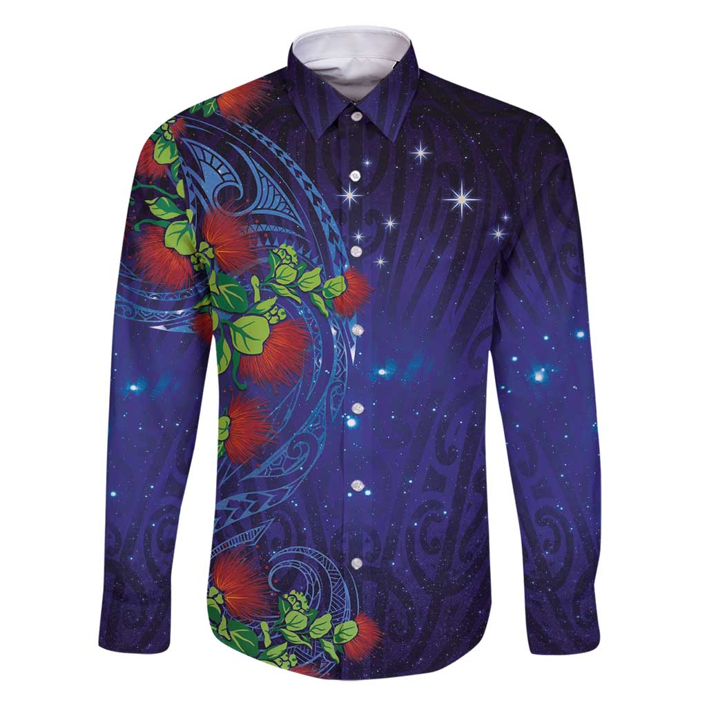 Matariki New Zealand Maori and Pohutukawa Family Matching Puletasi and Hawaiian Shirt Galaxy Blue Sky Style LT03 Dad's Shirt - Long Sleeve Blue - Polynesian Pride