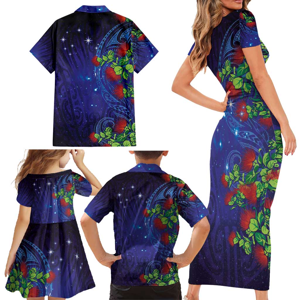 Matariki New Zealand Maori and Pohutukawa Family Matching Short Sleeve Bodycon Dress and Hawaiian Shirt Galaxy Blue Sky Style LT03 - Polynesian Pride