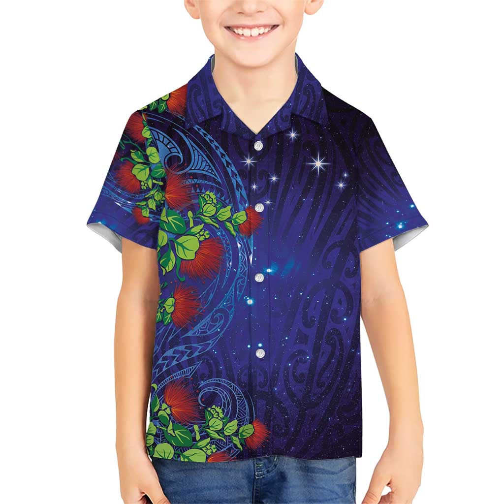 Matariki New Zealand Maori and Pohutukawa Family Matching Short Sleeve Bodycon Dress and Hawaiian Shirt Galaxy Blue Sky Style LT03 Son's Shirt Blue - Polynesian Pride