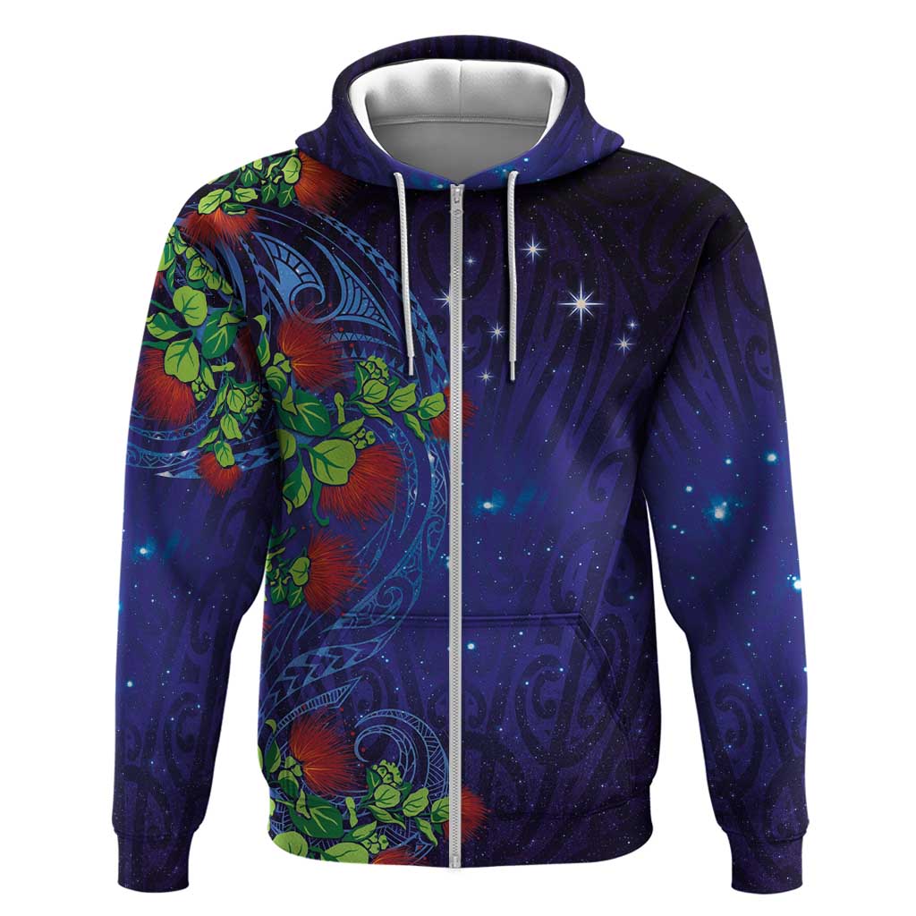 Matariki New Zealand Maori and Pohutukawa Hoodie Galaxy Blue Sky Style LT03 Zip Hoodie Blue - Polynesian Pride