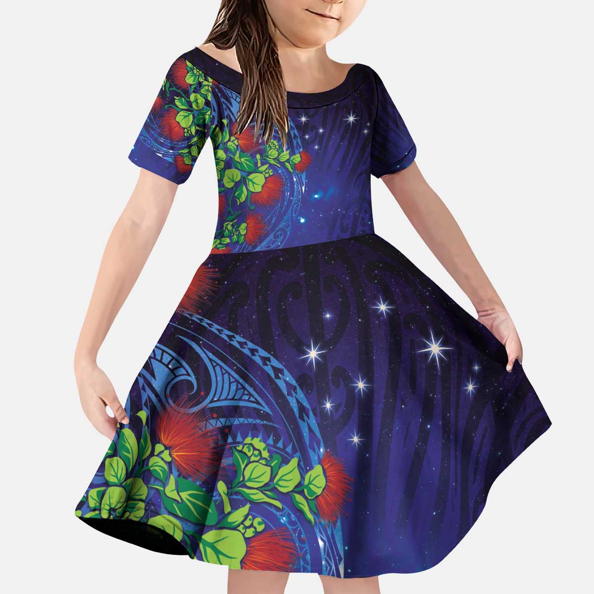 Matariki New Zealand Maori and Pohutukawa Kid Short Sleeve Dress Galaxy Blue Sky Style LT03 KID Blue - Polynesian Pride