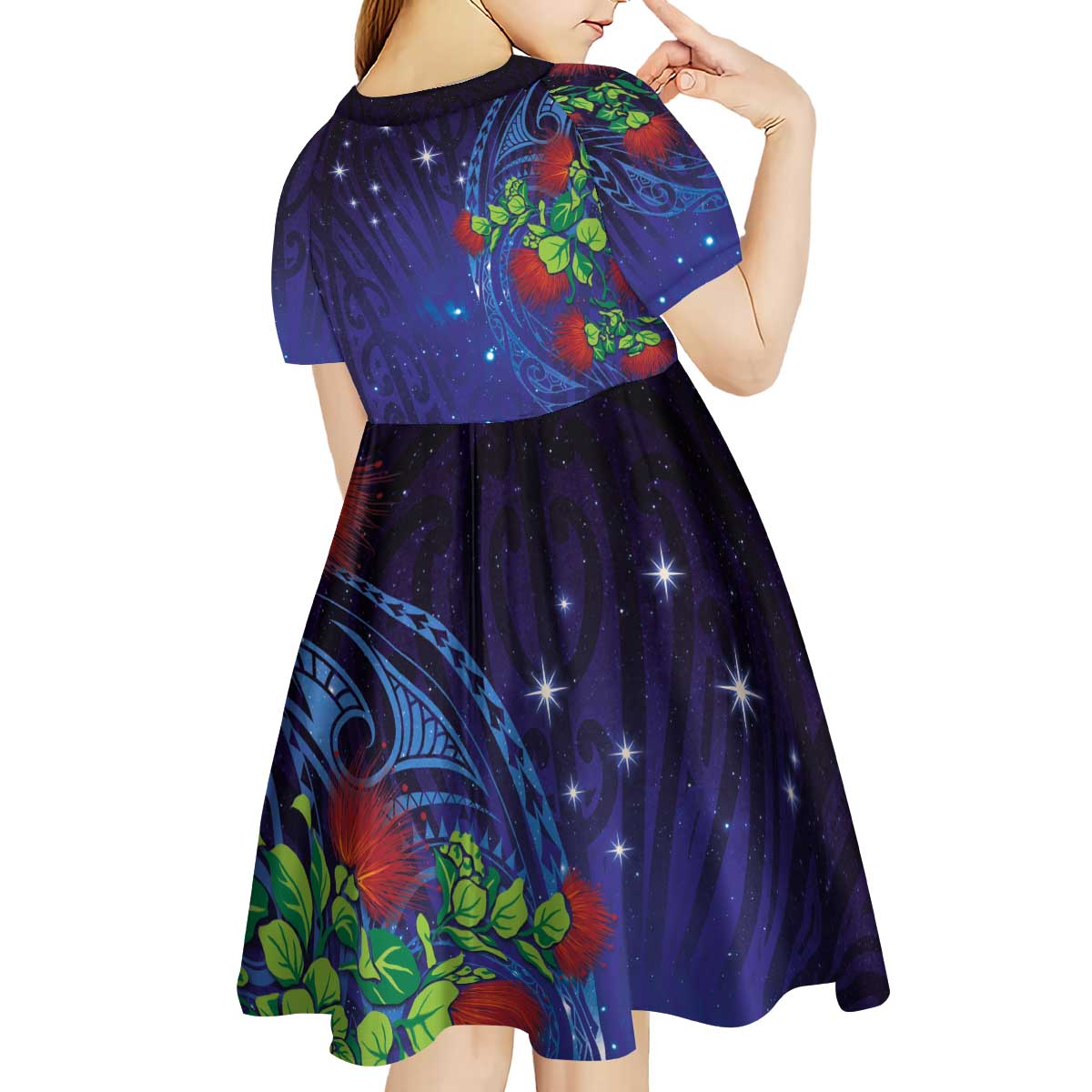 Matariki New Zealand Maori and Pohutukawa Kid Short Sleeve Dress Galaxy Blue Sky Style LT03 - Polynesian Pride