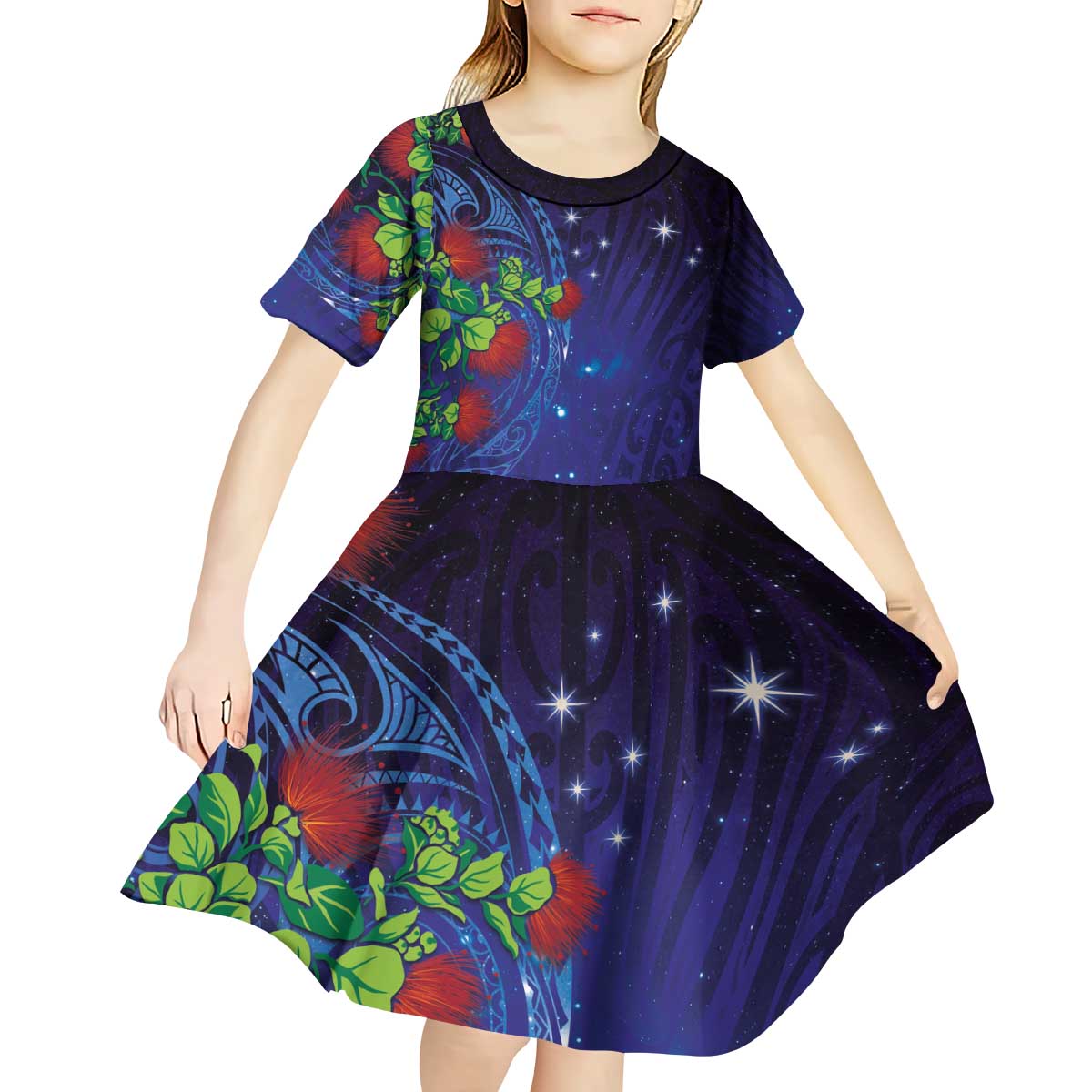 Matariki New Zealand Maori and Pohutukawa Kid Short Sleeve Dress Galaxy Blue Sky Style LT03 - Polynesian Pride