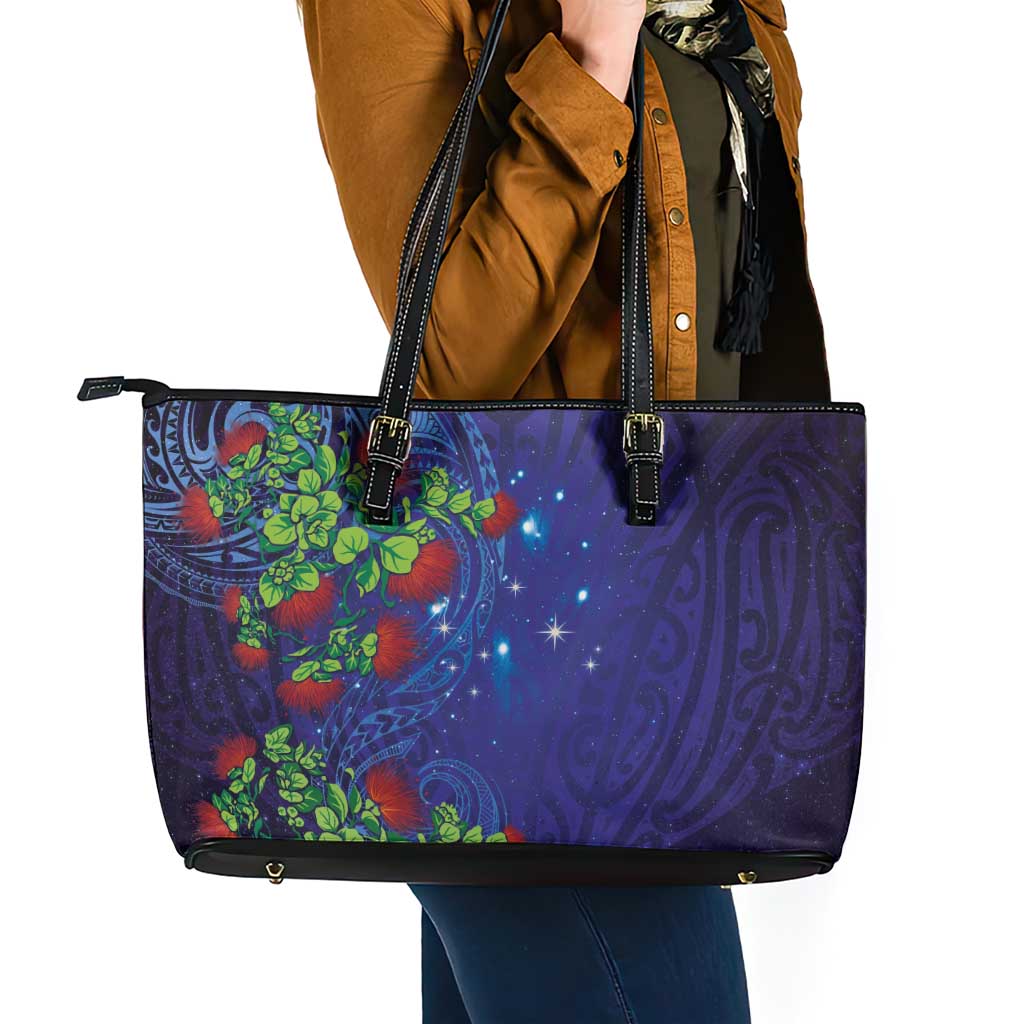 Matariki New Zealand Maori and Pohutukawa Leather Tote Bag Galaxy Blue Sky Style LT03 - Polynesian Pride
