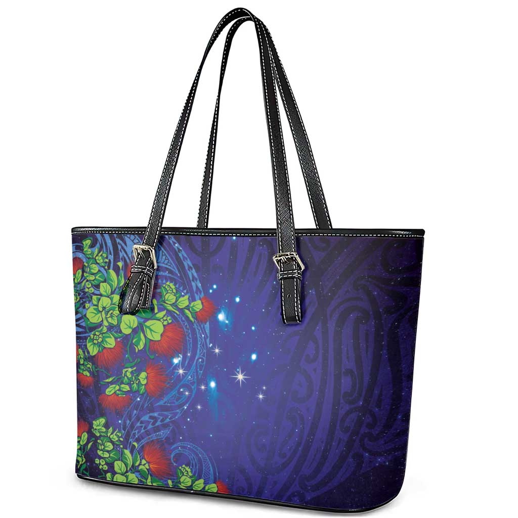 Matariki New Zealand Maori and Pohutukawa Leather Tote Bag Galaxy Blue Sky Style LT03 - Polynesian Pride
