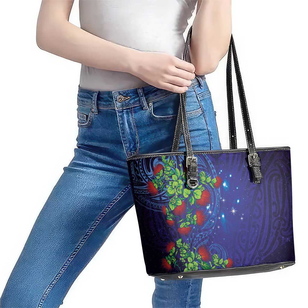 Matariki New Zealand Maori and Pohutukawa Leather Tote Bag Galaxy Blue Sky Style LT03 - Polynesian Pride