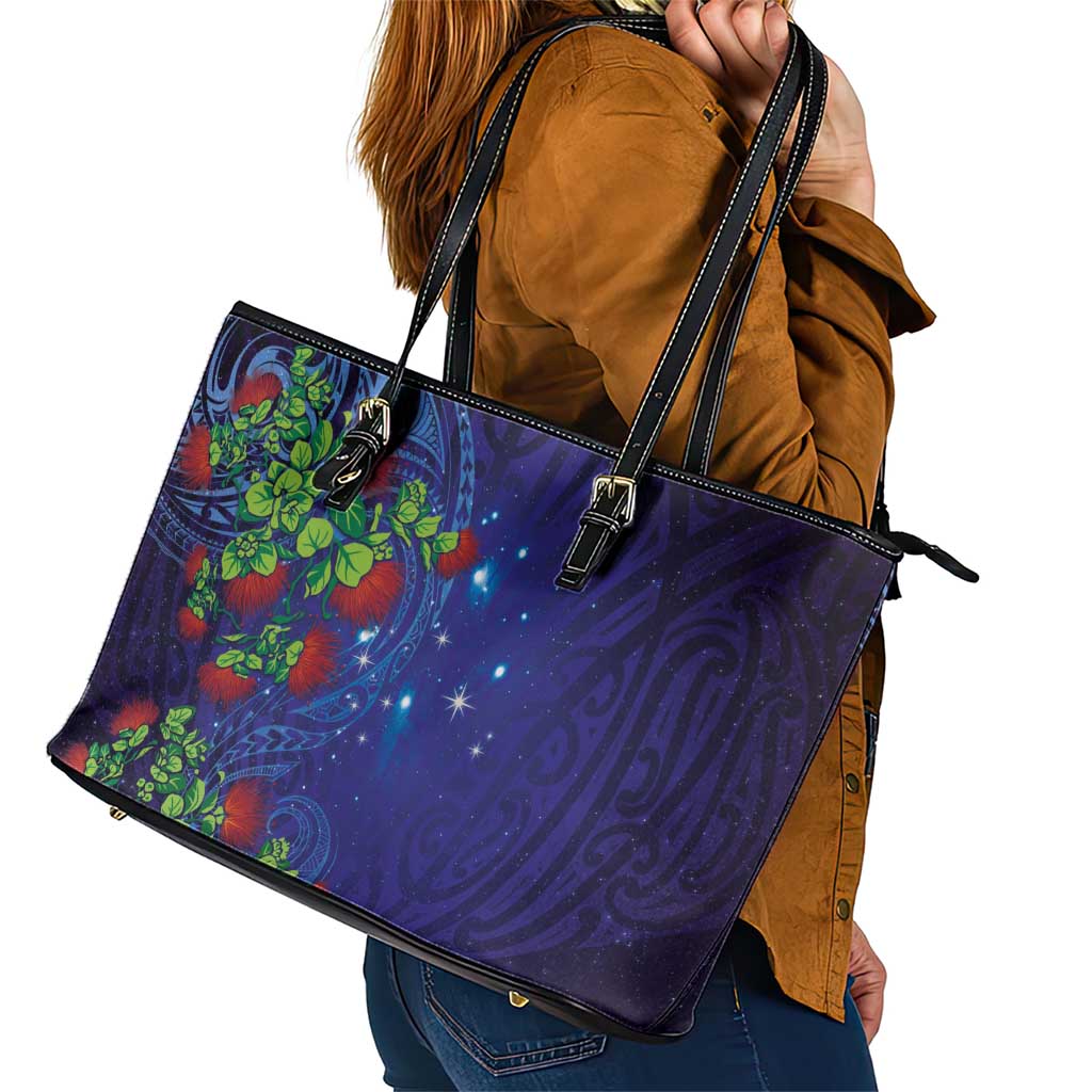 Matariki New Zealand Maori and Pohutukawa Leather Tote Bag Galaxy Blue Sky Style LT03 - Polynesian Pride