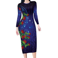 Matariki New Zealand Maori and Pohutukawa Long Sleeve Bodycon Dress Galaxy Blue Sky Style LT03 Long Dress Blue - Polynesian Pride