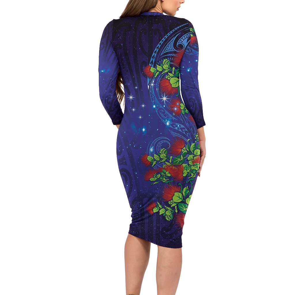 Matariki New Zealand Maori and Pohutukawa Long Sleeve Bodycon Dress Galaxy Blue Sky Style LT03 - Polynesian Pride