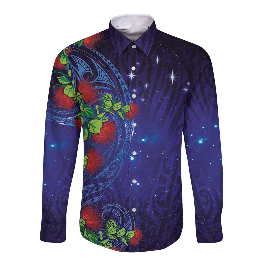 Matariki New Zealand Maori and Pohutukawa Long Sleeve Button Shirt Galaxy Blue Sky Style LT03 Unisex Blue - Polynesian Pride