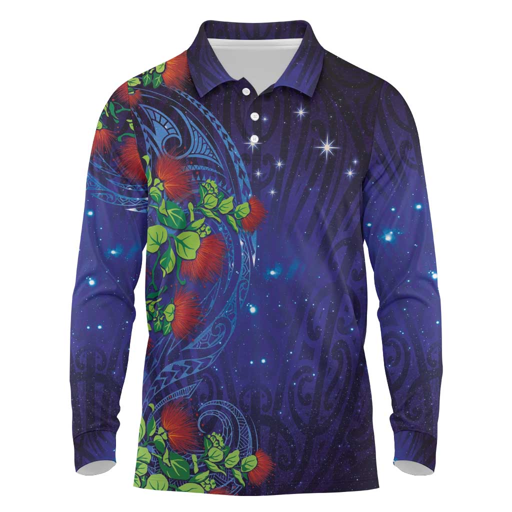 Matariki New Zealand Maori and Pohutukawa Long Sleeve Polo Shirt Galaxy Blue Sky Style LT03 Blue - Polynesian Pride