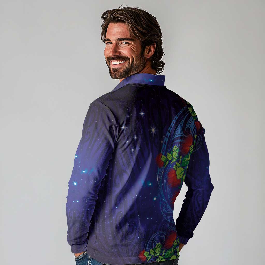 Matariki New Zealand Maori and Pohutukawa Long Sleeve Polo Shirt Galaxy Blue Sky Style LT03 - Polynesian Pride