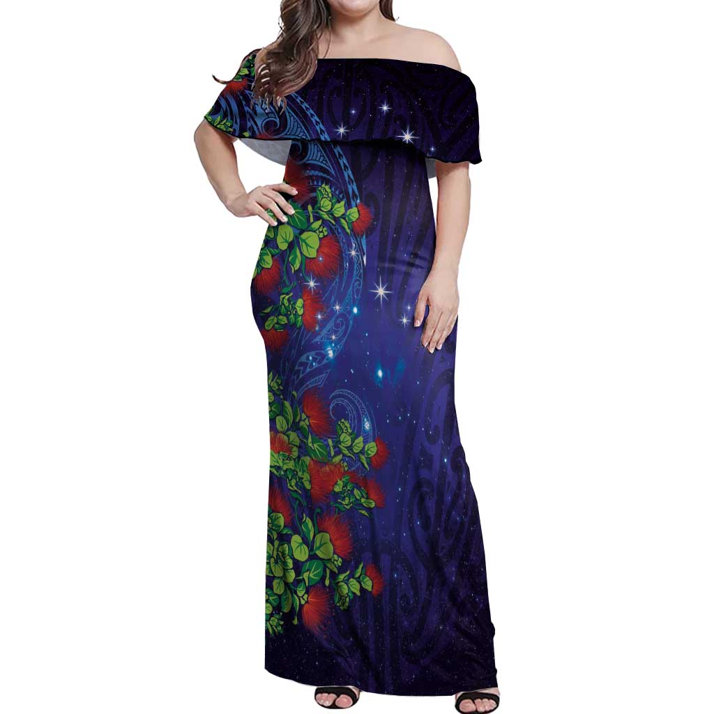 Matariki New Zealand Maori and Pohutukawa Off Shoulder Maxi Dress Galaxy Blue Sky Style LT03 Women Blue - Polynesian Pride