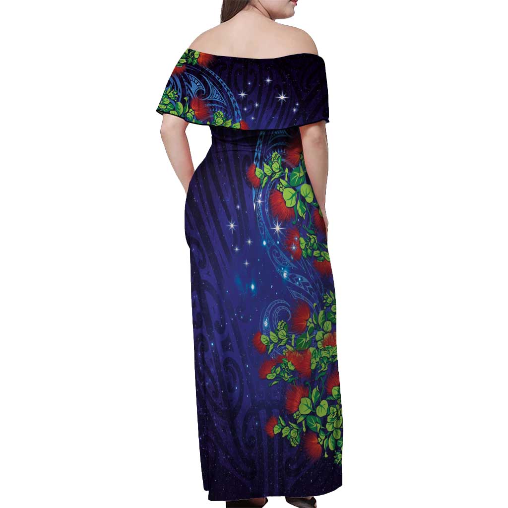 Matariki New Zealand Maori and Pohutukawa Off Shoulder Maxi Dress Galaxy Blue Sky Style LT03 - Polynesian Pride