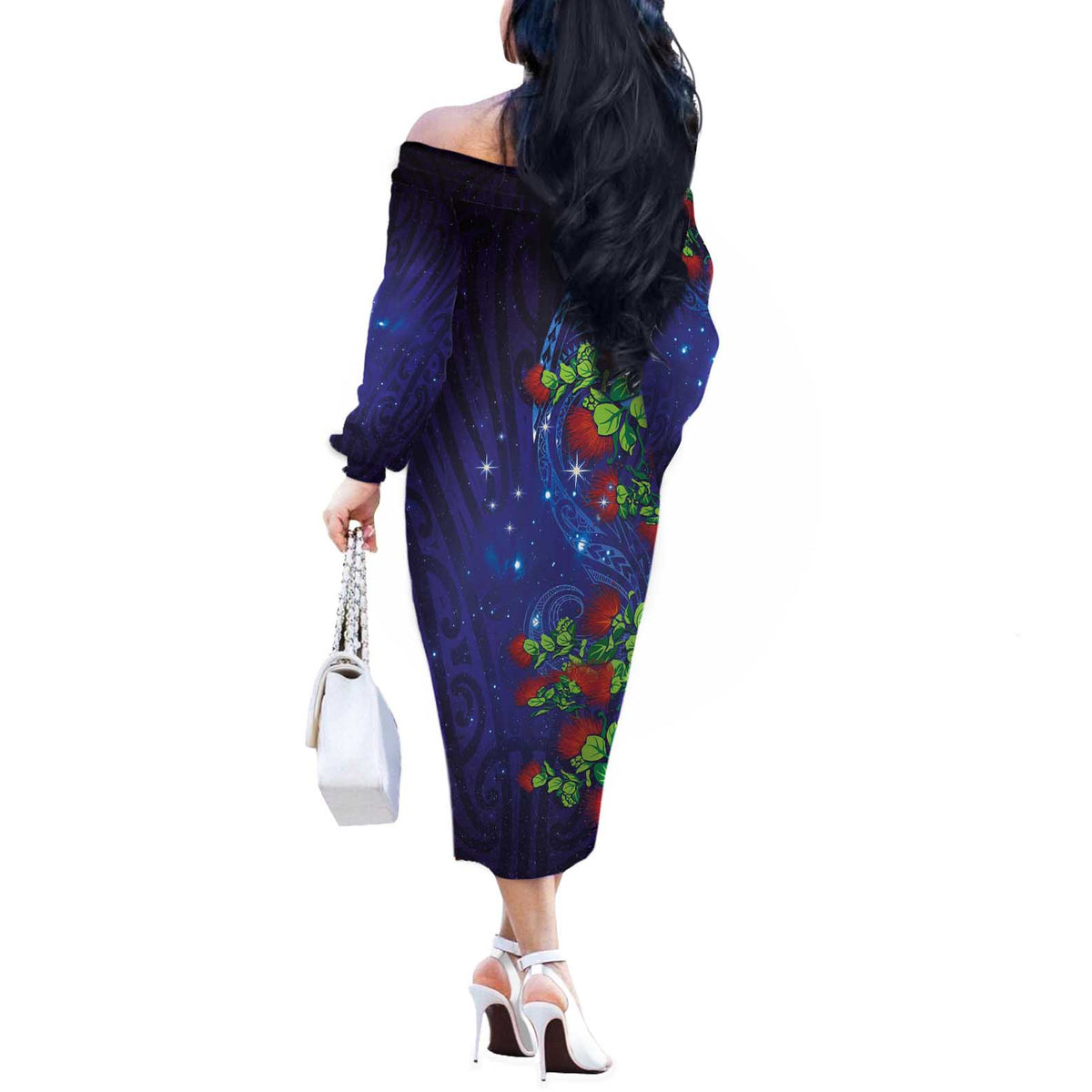 Matariki New Zealand Maori and Pohutukawa Off The Shoulder Long Sleeve Dress Galaxy Blue Sky Style LT03 - Polynesian Pride