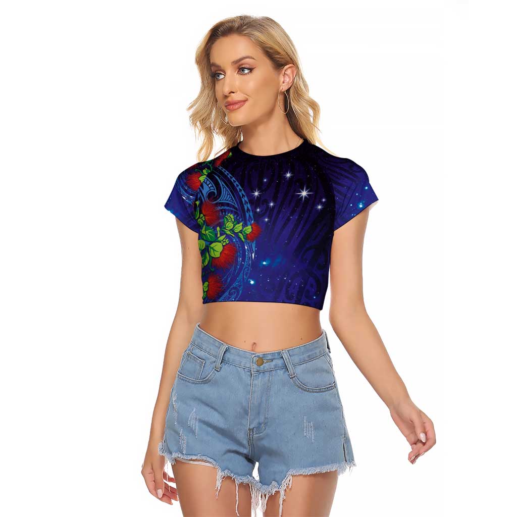 Matariki New Zealand Maori and Pohutukawa Raglan Cropped T Shirt Galaxy Blue Sky Style LT03 Female Blue - Polynesian Pride