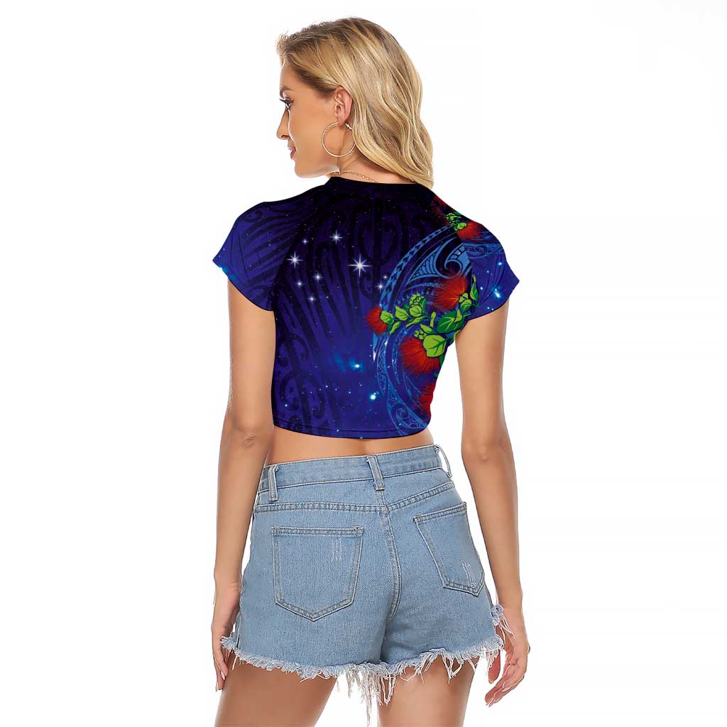 Matariki New Zealand Maori and Pohutukawa Raglan Cropped T Shirt Galaxy Blue Sky Style LT03 - Polynesian Pride