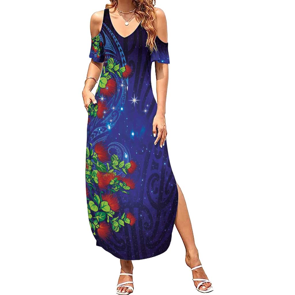 Matariki New Zealand Maori and Pohutukawa Summer Maxi Dress Galaxy Blue Sky Style LT03 Women Blue - Polynesian Pride