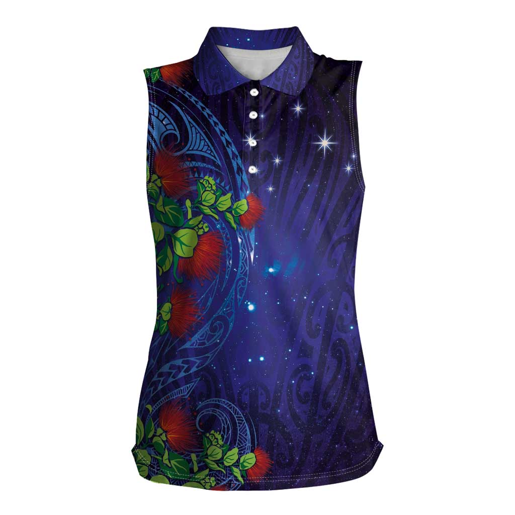 Matariki New Zealand Maori and Pohutukawa Women Sleeveless Polo Shirt Galaxy Blue Sky Style LT03 Female Blue - Polynesian Pride