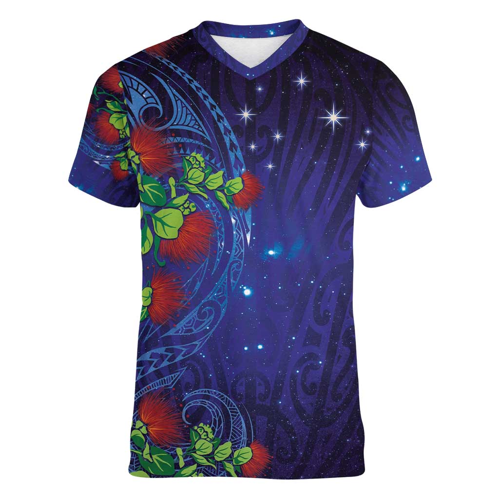 Matariki New Zealand Maori and Pohutukawa Women V-Neck T-Shirt Galaxy Blue Sky Style LT03 Female Blue - Polynesian Pride