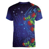 Matariki New Zealand Maori and Pohutukawa Women V-Neck T-Shirt Galaxy Blue Sky Style LT03 - Polynesian Pride