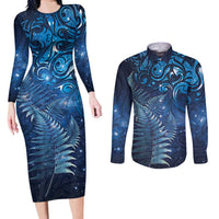 Matariki New Zealand Maori Silver Fern Couples Matching Long Sleeve Bodycon Dress and Long Sleeve Button Shirt Galaxy Blue Sky Style LT03 Blue - Polynesian Pride