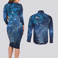 Matariki New Zealand Maori Silver Fern Couples Matching Long Sleeve Bodycon Dress and Long Sleeve Button Shirt Galaxy Blue Sky Style LT03 - Polynesian Pride
