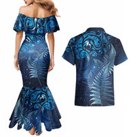 Matariki New Zealand Maori Silver Fern Couples Matching Mermaid Dress and Hawaiian Shirt Galaxy Blue Sky Style LT03 - Polynesian Pride