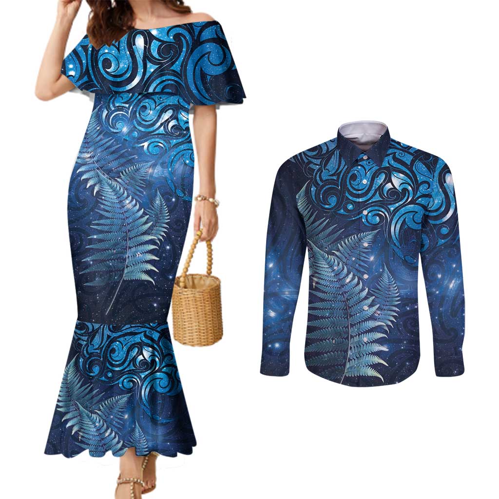 Matariki New Zealand Maori Silver Fern Couples Matching Mermaid Dress and Long Sleeve Button Shirt Galaxy Blue Sky Style LT03 Blue - Polynesian Pride