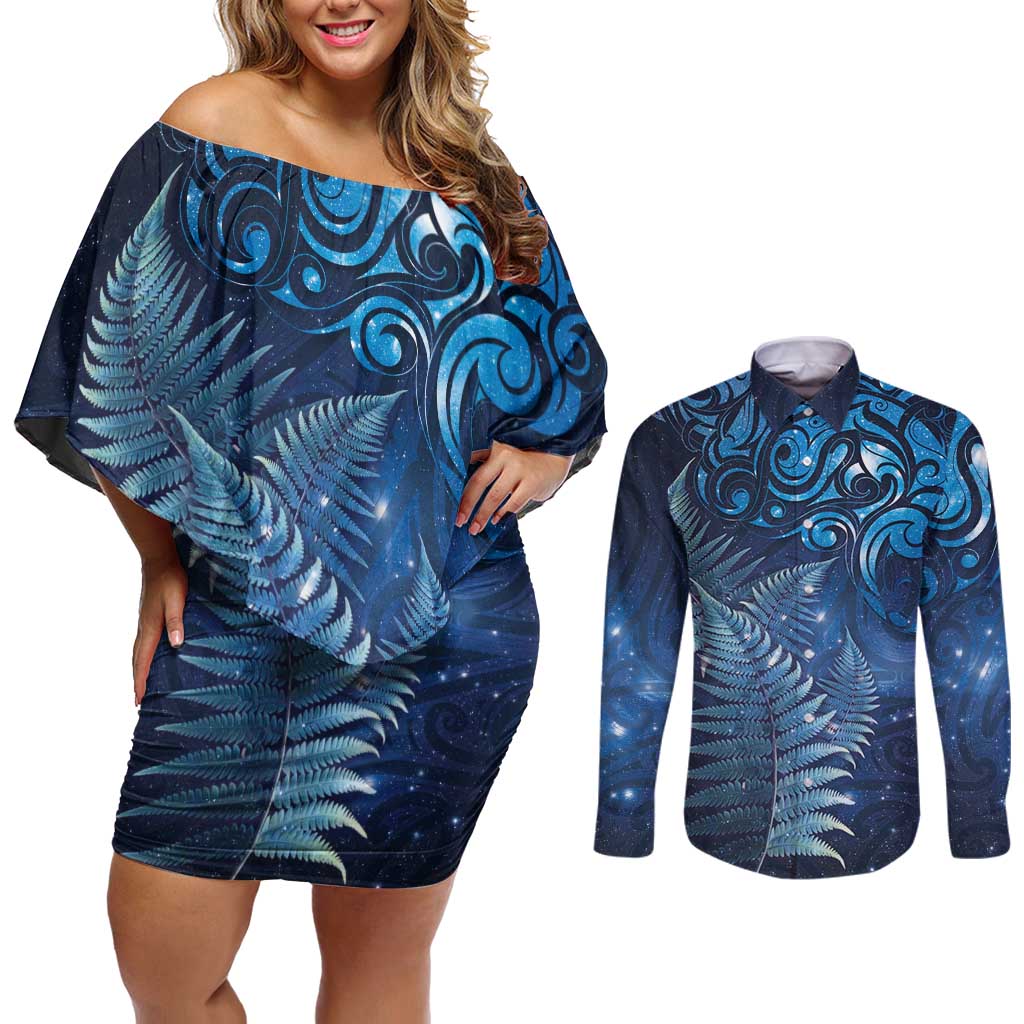 Matariki New Zealand Maori Silver Fern Couples Matching Off Shoulder Short Dress and Long Sleeve Button Shirt Galaxy Blue Sky Style LT03 Blue - Polynesian Pride