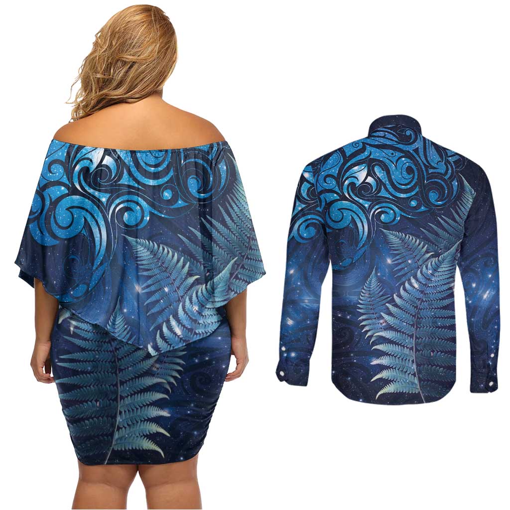 Matariki New Zealand Maori Silver Fern Couples Matching Off Shoulder Short Dress and Long Sleeve Button Shirt Galaxy Blue Sky Style LT03 - Polynesian Pride