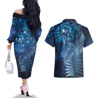 Matariki New Zealand Maori Silver Fern Couples Matching Off The Shoulder Long Sleeve Dress and Hawaiian Shirt Galaxy Blue Sky Style LT03 - Polynesian Pride