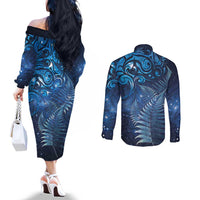 Matariki New Zealand Maori Silver Fern Couples Matching Off The Shoulder Long Sleeve Dress and Long Sleeve Button Shirt Galaxy Blue Sky Style LT03 - Polynesian Pride