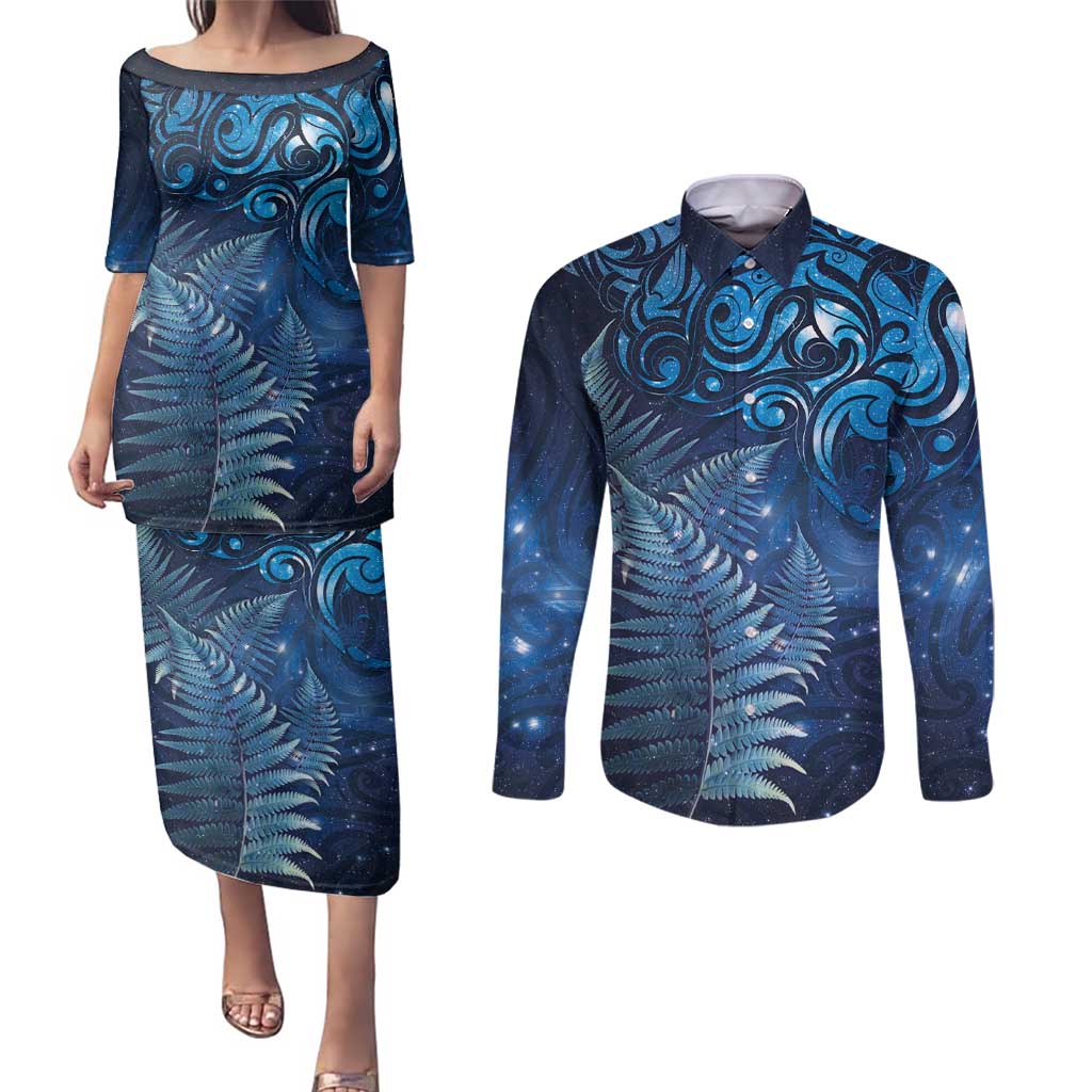Matariki New Zealand Maori Silver Fern Couples Matching Puletasi and Long Sleeve Button Shirt Galaxy Blue Sky Style LT03 Blue - Polynesian Pride