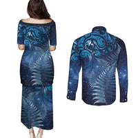 Matariki New Zealand Maori Silver Fern Couples Matching Puletasi and Long Sleeve Button Shirt Galaxy Blue Sky Style LT03 - Polynesian Pride