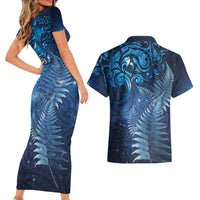 Matariki New Zealand Maori Silver Fern Couples Matching Short Sleeve Bodycon Dress and Hawaiian Shirt Galaxy Blue Sky Style LT03 - Polynesian Pride