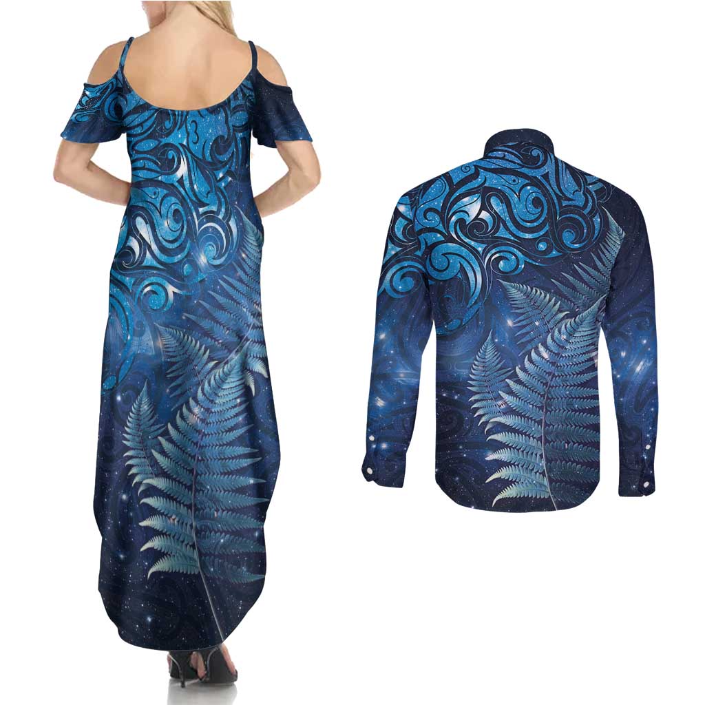 Matariki New Zealand Maori Silver Fern Couples Matching Summer Maxi Dress and Long Sleeve Button Shirt Galaxy Blue Sky Style LT03 - Polynesian Pride
