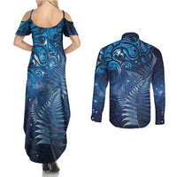Matariki New Zealand Maori Silver Fern Couples Matching Summer Maxi Dress and Long Sleeve Button Shirt Galaxy Blue Sky Style LT03 - Polynesian Pride