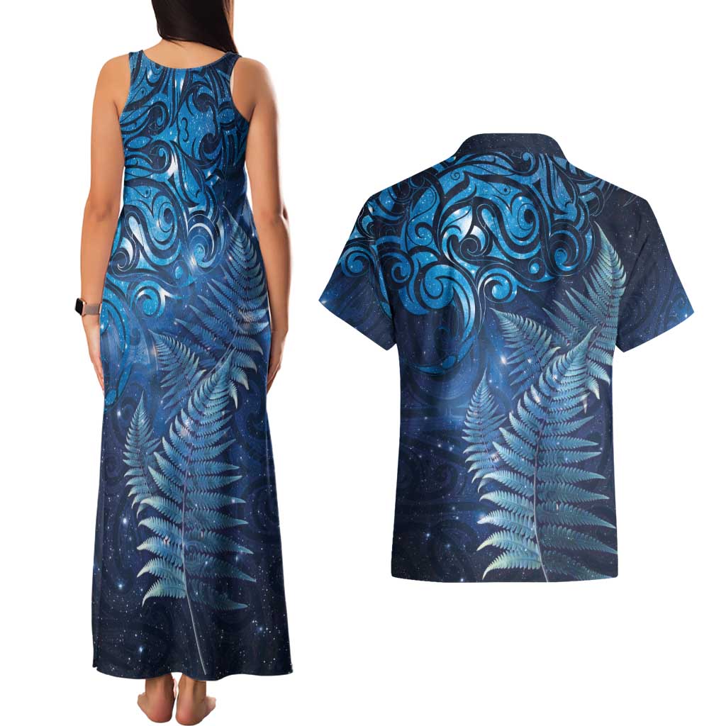 Matariki New Zealand Maori Silver Fern Couples Matching Tank Maxi Dress and Hawaiian Shirt Galaxy Blue Sky Style LT03 - Polynesian Pride