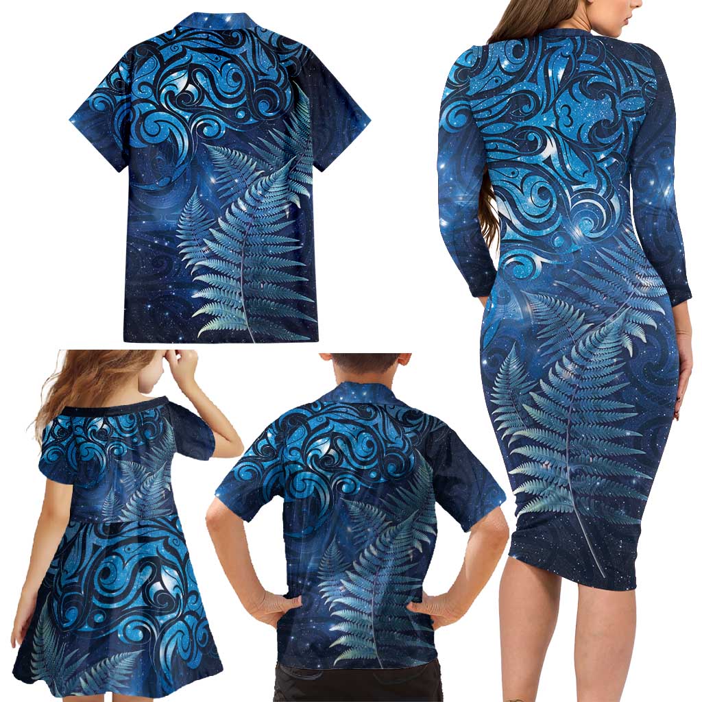 Matariki New Zealand Maori Silver Fern Family Matching Long Sleeve Bodycon Dress and Hawaiian Shirt Galaxy Blue Sky Style LT03 - Polynesian Pride